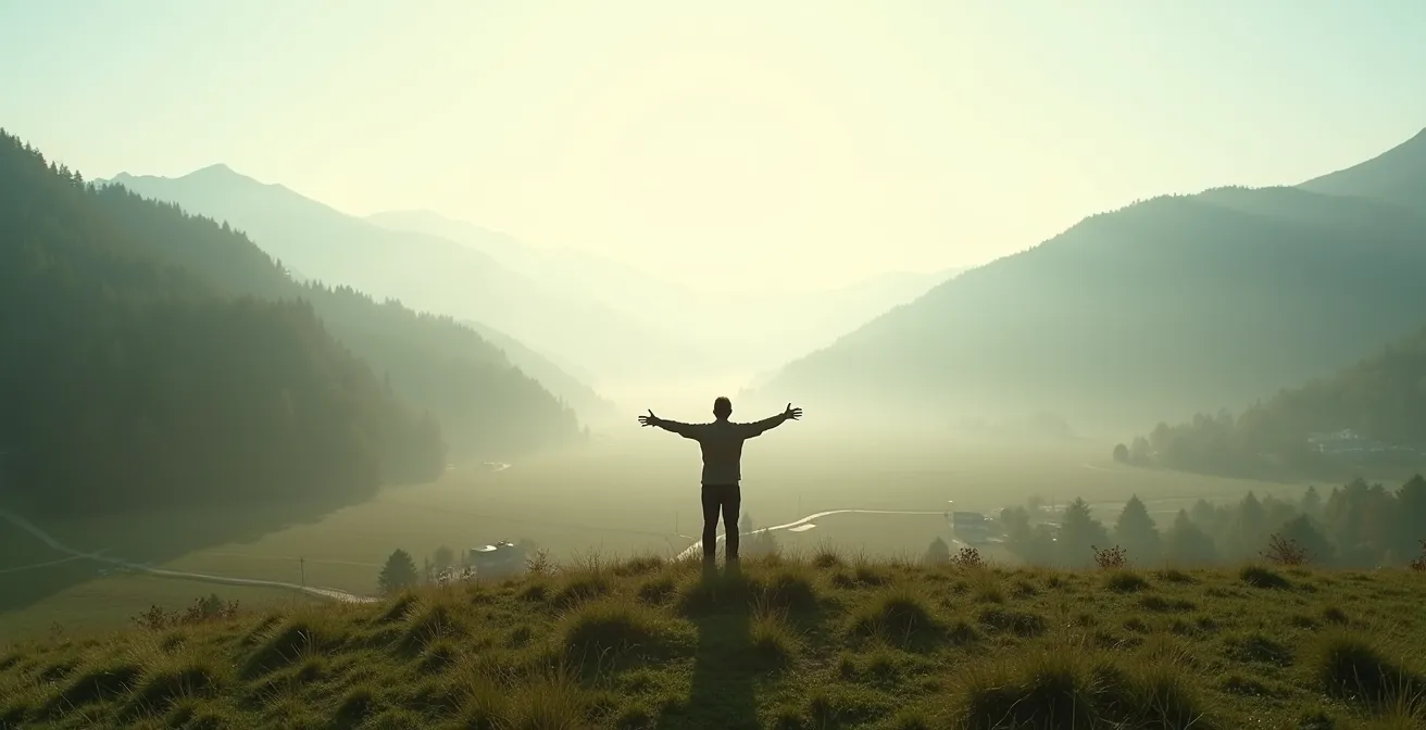Metaphorische Darstellung einer Person als Brückenbauer zwischen verschiedenen Schweizer Sprachregionen, die unterschiedliche Landschaften symbolisieren.