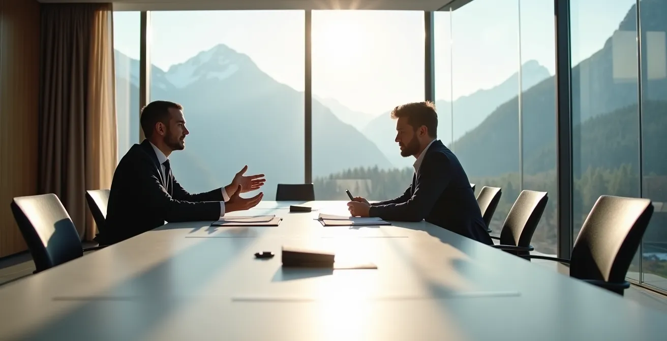 Professionelle Verhandlung über Arbeitszeugnis zwischen Arbeitnehmer und HR-Manager in einem modernen Schweizer Büro