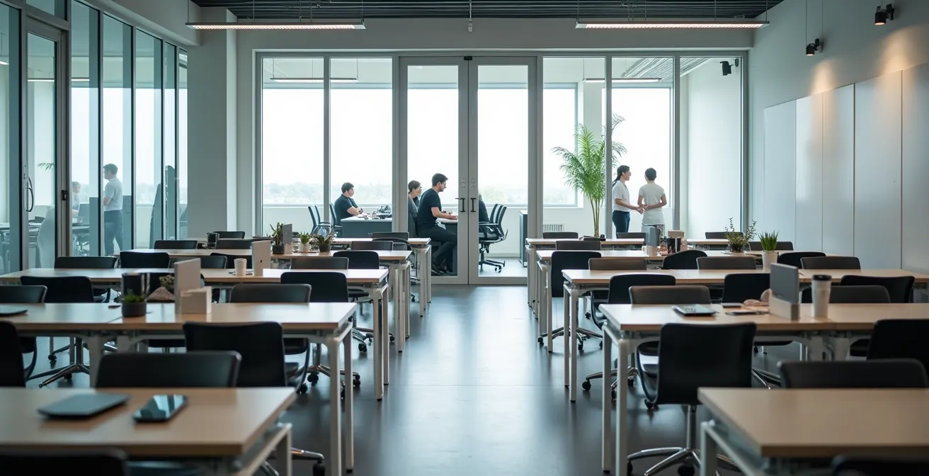 Weitwinkelaufnahme eines ruhigen Schweizer Büros mit subtilen Anzeichen von Teamdynamik