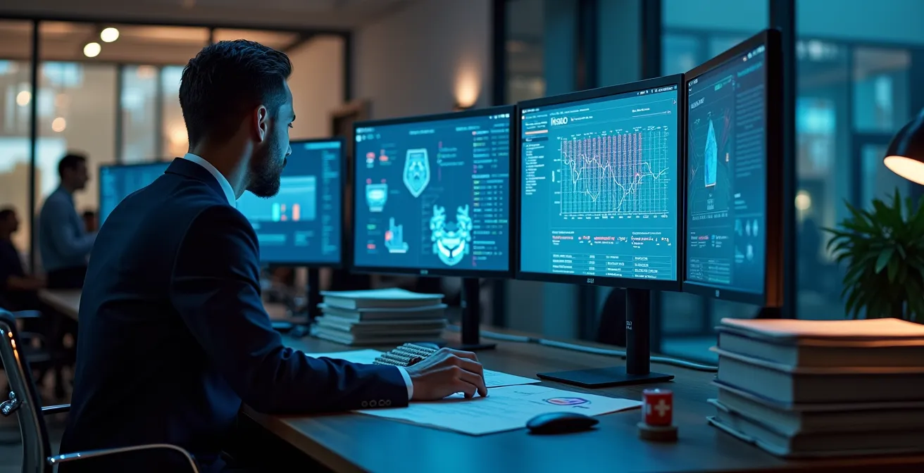 Moderner Arbeitsplatz eines Compliance Officers mit mehreren Monitoren zeigt Regulierungsdokumente und Datenanalyse-Tools