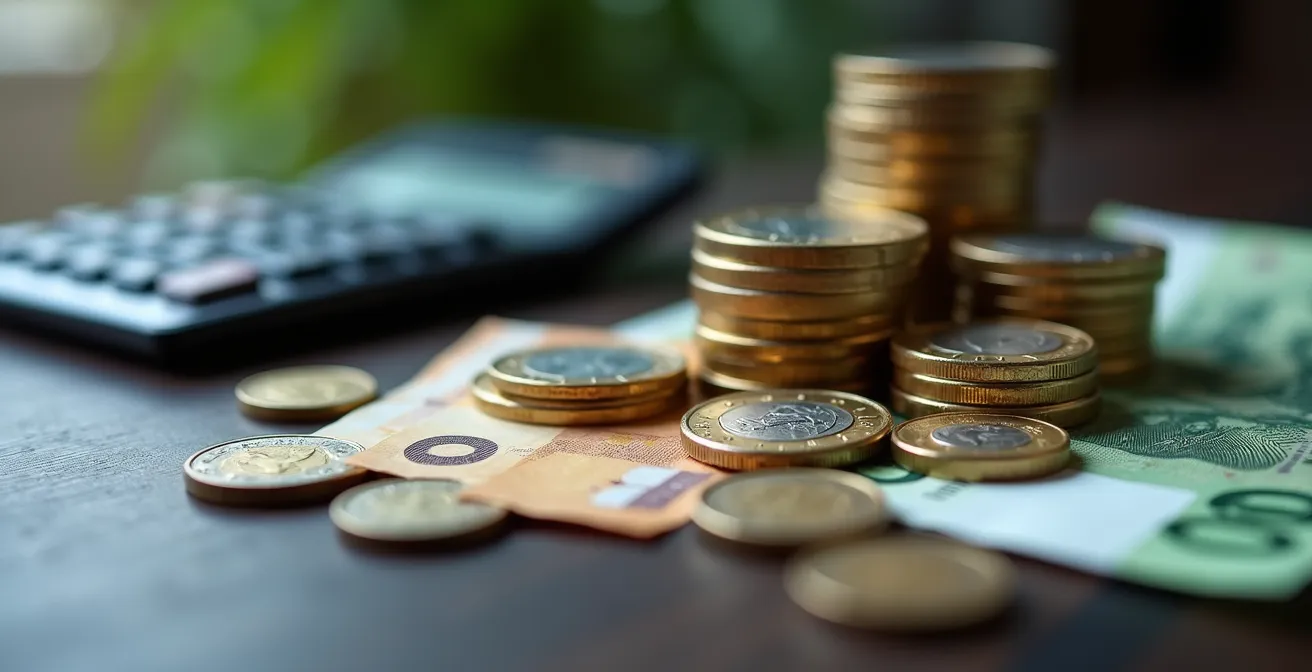 Makroaufnahme von Schweizer Franken mit Taschenrechner im Hintergrund