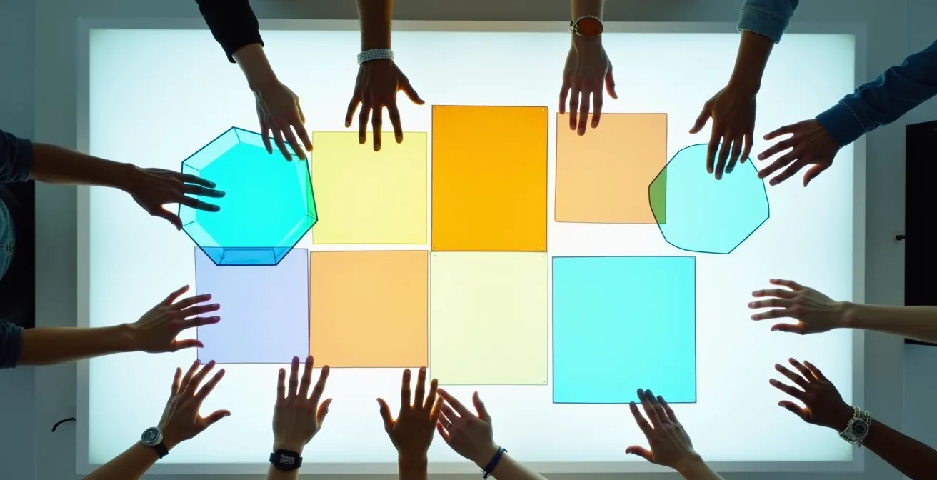 Diverse Teammitglieder in kreativem Brainstorming mit unterschiedlichen Perspektiven