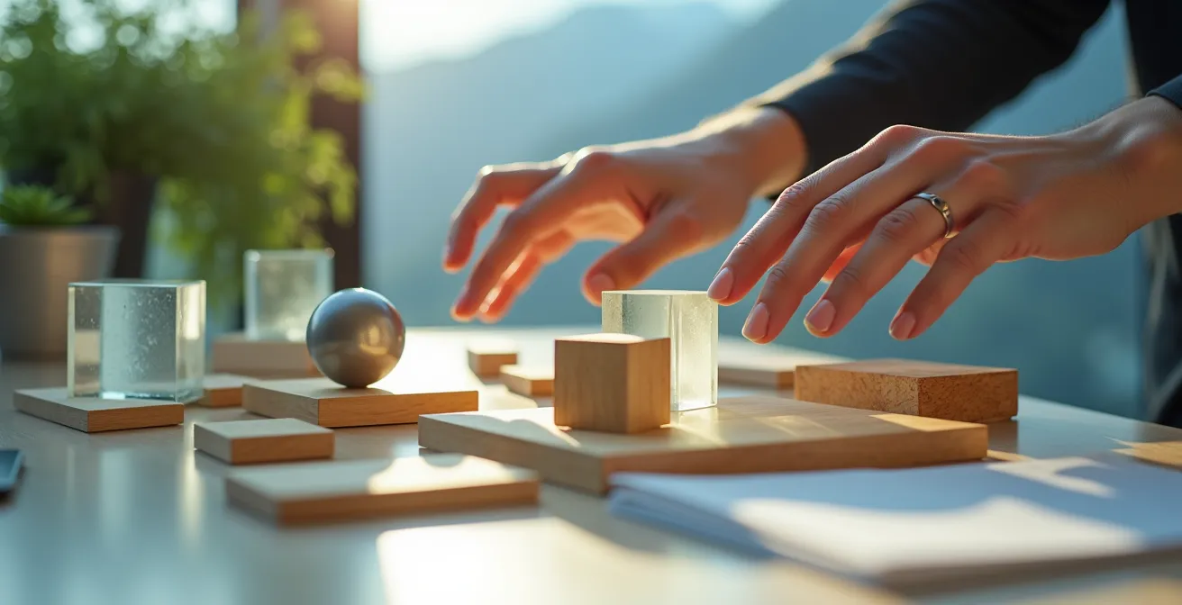 Makroaufnahme von Schweizer Arbeitsplatz mit digitalen Werkzeugen und Pflanzen