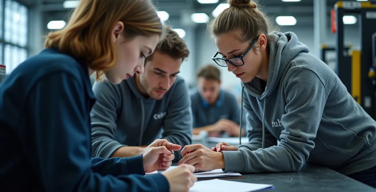 Moderne FH-Werkstatt mit Studierenden bei praktischen Projekten