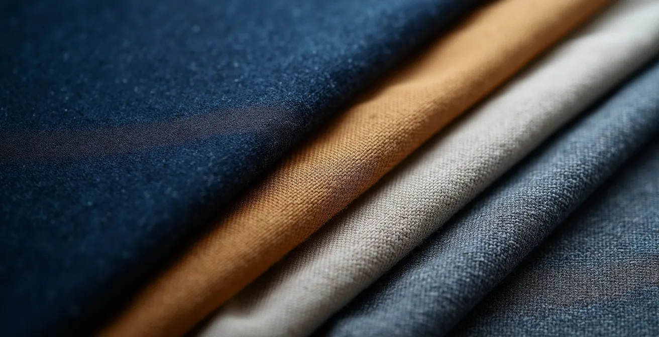 Abstrakte Farbfelder in Businessfarben wie Marineblau, Anthrazit und Weiss, die an Stofftexturen erinnern.