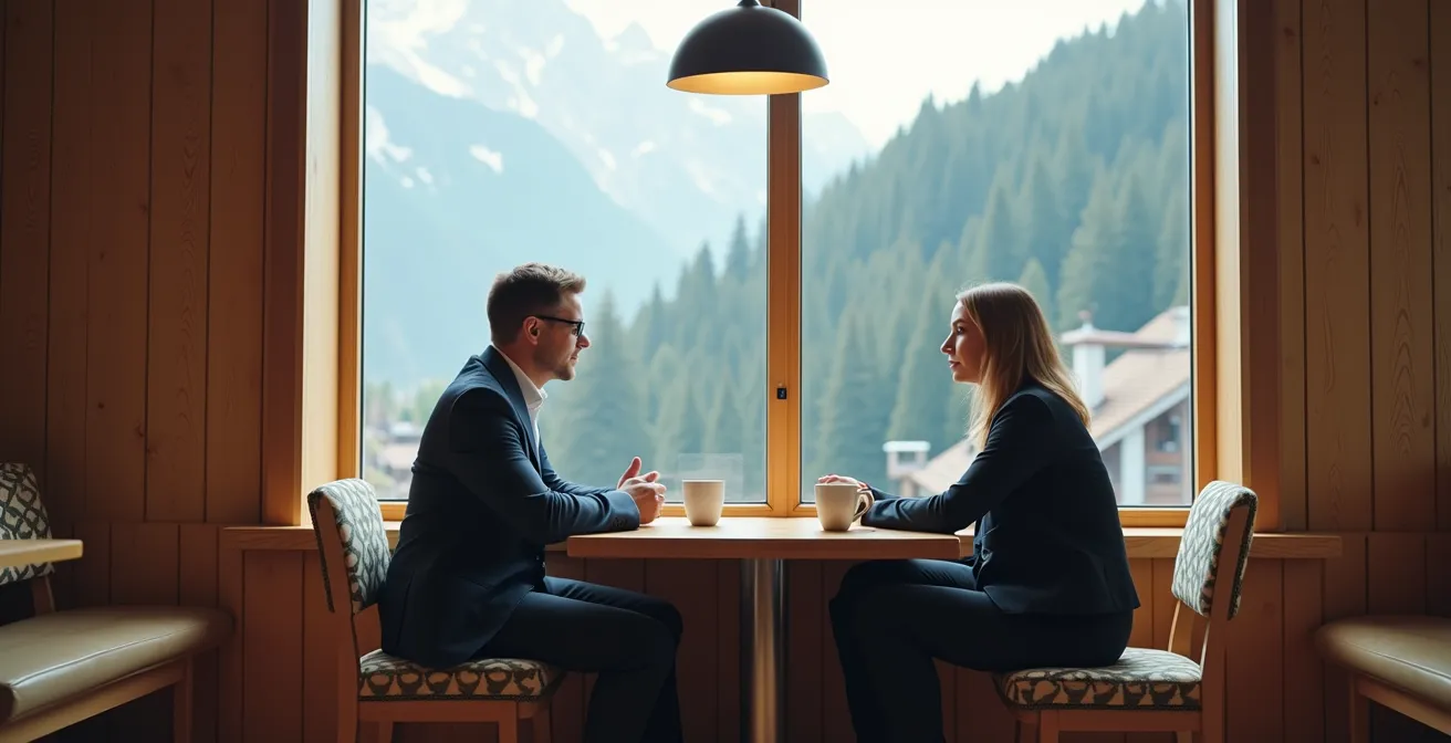 Zwei Personen im respektvollen Austausch in einem Schweizer Café