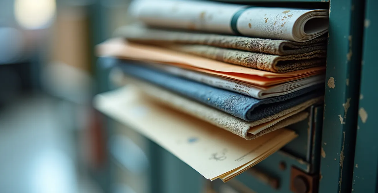 Makroaufnahme von Büromaterialien die den Kontrast zwischen Schein und Sein zeigen