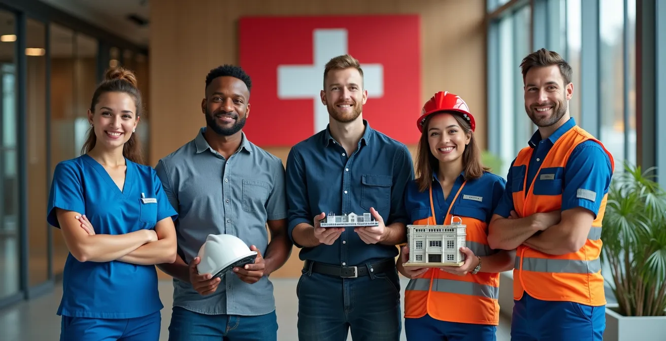 Fünf verschiedene Fachkräfte in gefragten Schweizer Berufen zeigen ihre Verhandlungsmacht