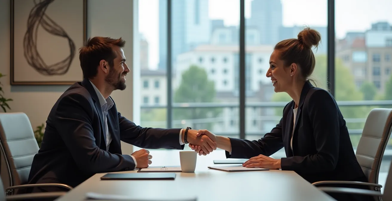 Vertragsunterzeichnung für Home-Office-Vereinbarung in modernem Schweizer Büro