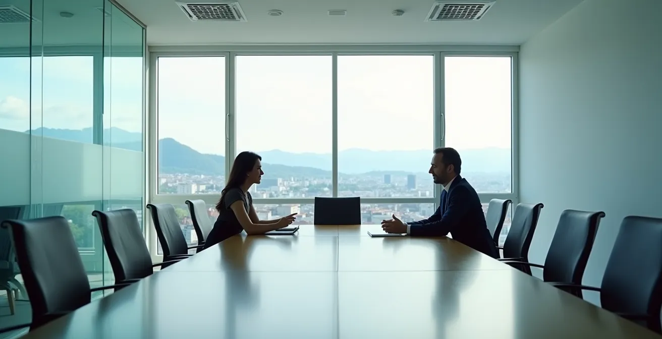 Visuelle Darstellung der angespannten Dynamik zwischen einem HR-Manager und einem Abteilungsleiter in einem Schweizer Konferenzraum.