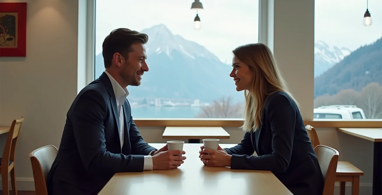 Zwei Geschäftsleute im professionellen Gespräch bei Kaffee in einem Schweizer Café