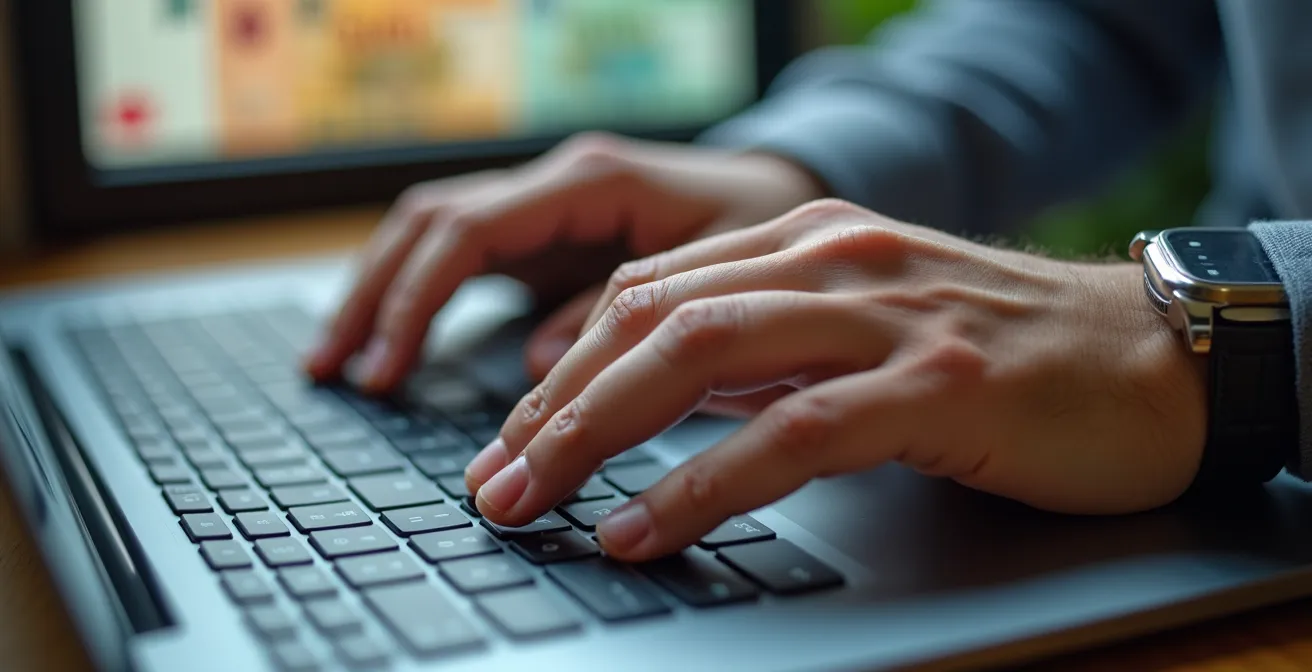 Makroaufnahme von Händen am Laptop mit verschwommenen Schweizer Franken im Hintergrund