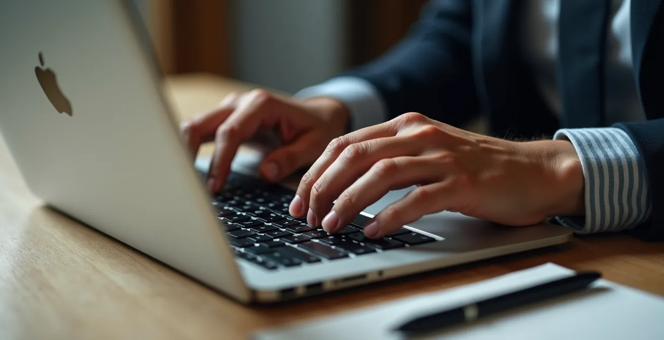 Professionelle Bearbeitung von Bewerbungsunterlagen auf einem Laptop an einem sauberen Arbeitsplatz.
