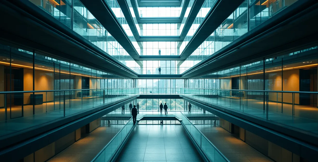 Abstrakte Visualisierung eines komplexen Genehmigungsprozesses in einer Matrix-Organisation, symbolisiert durch gläserne Architekturelemente.