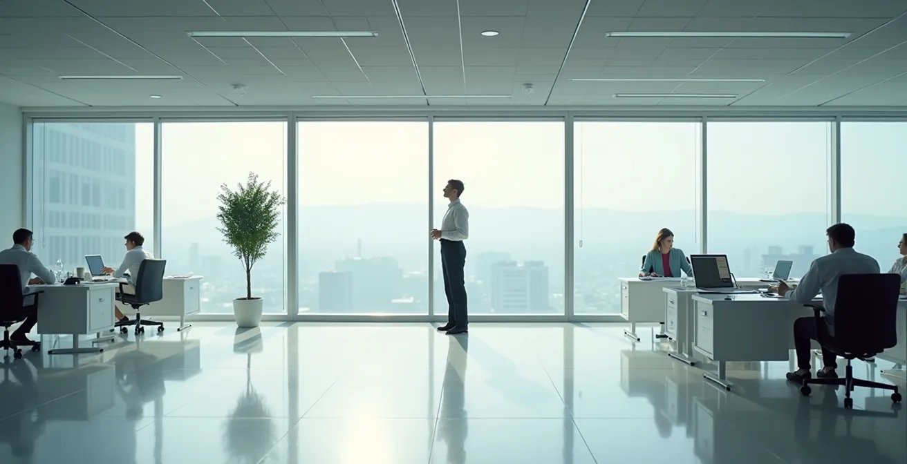 Büroangestellter macht Mikropause mit Atemübung im modernen Schweizer Grossraumbüro