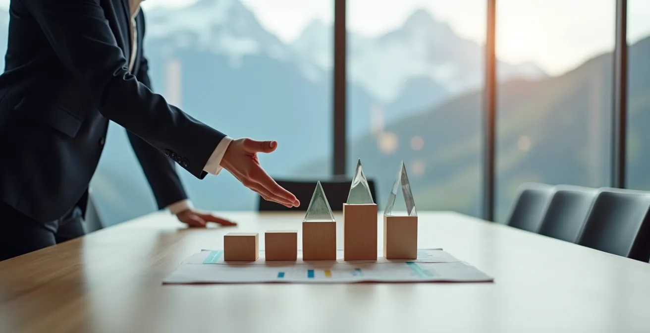 Professionelle Geschäftspräsentation mit klaren visuellen Elementen in Schweizer Meetingraum