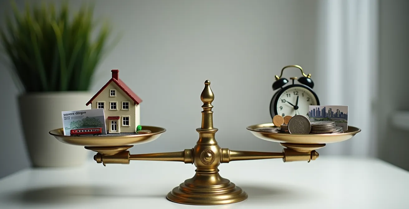 Eine Waage symbolisiert den finanziellen Ausgleich zwischen den Kosten für das Pendeln und den Einsparungen beim Wohnen zwischen Zürich und Aargau.