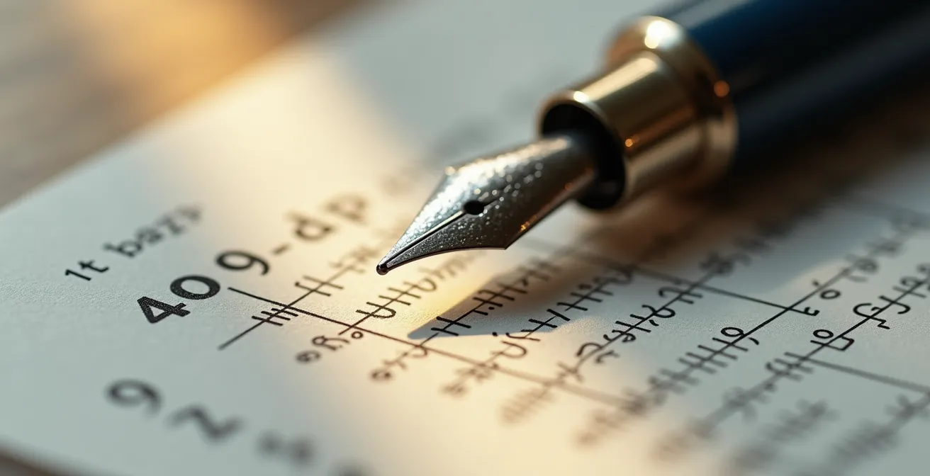 Makroaufnahme eines ausgefüllten Formulars mit Berechnungen und Stift