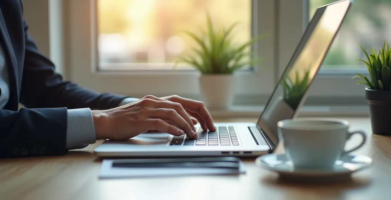 Person schreibt eine professionelle E-Mail an einem aufgeräumten Schreibtisch