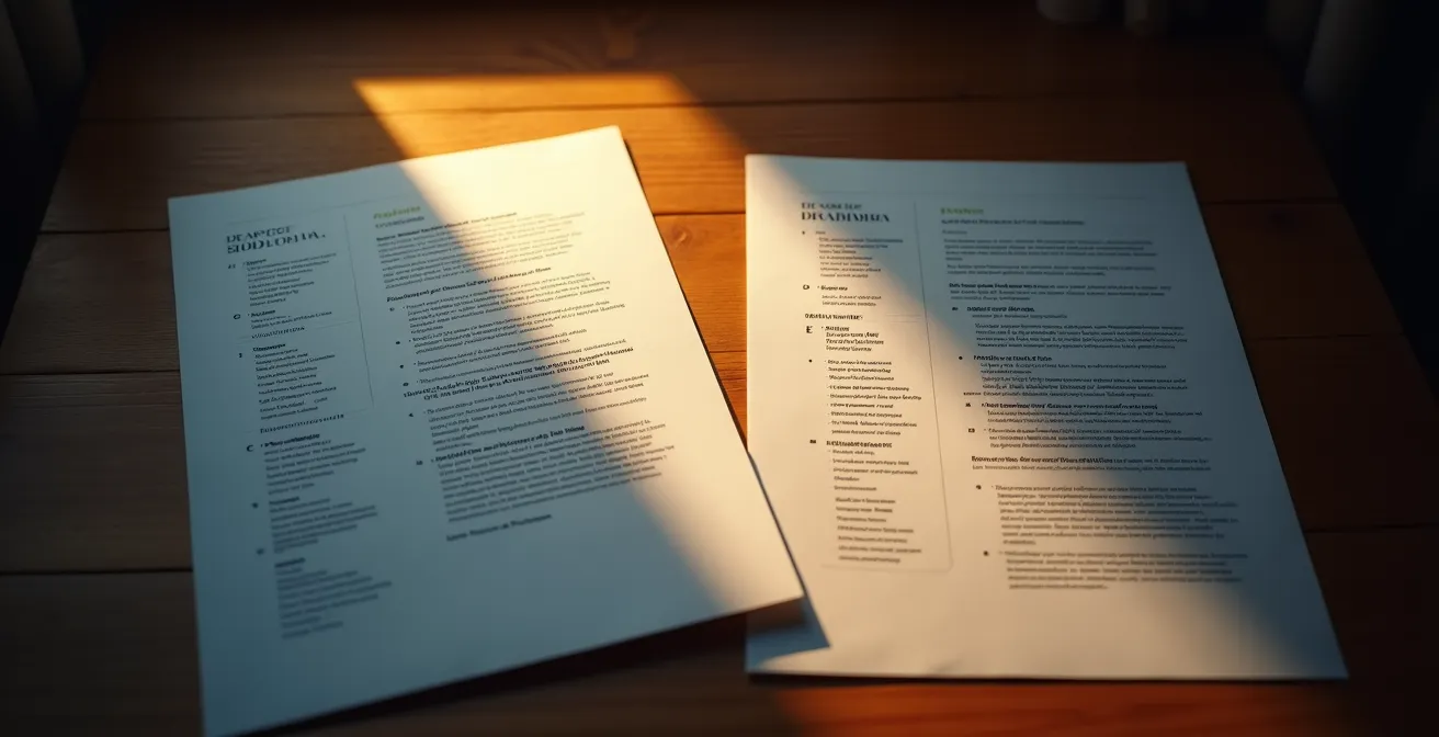 Symbolische Darstellung von unbewussten Vorurteilen bei der Bewertung von zwei Lebensläufen auf einem Schreibtisch.