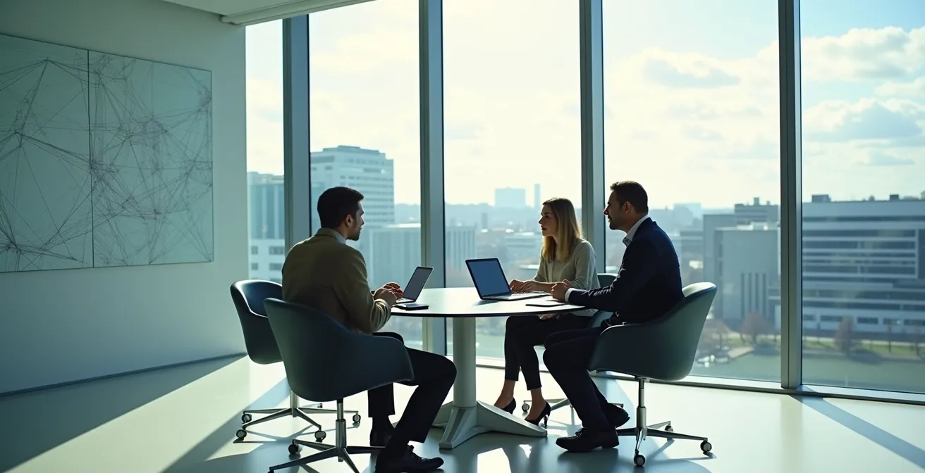 Strategisches Netzwerk von Personalberatern in der Schweiz, die in einem modernen Büro ein Meeting abhalten.