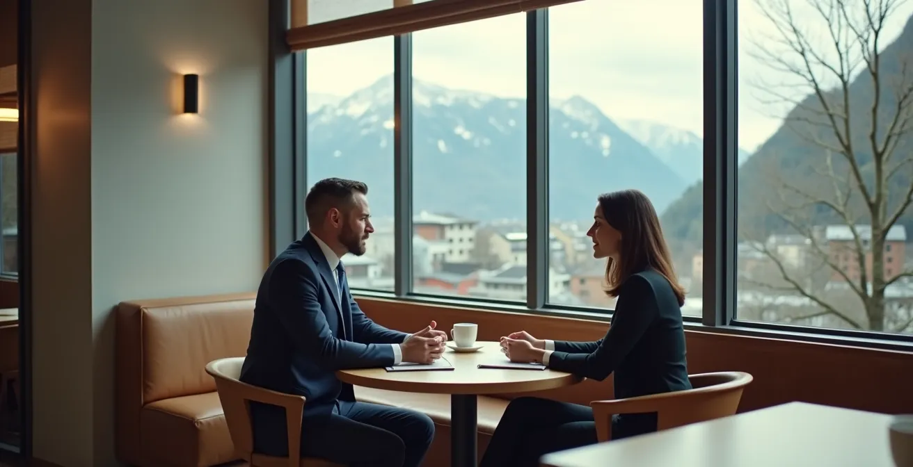 Professionelles Netzwerk-Meeting in einem Schweizer Café, das den Aufbau eines strategischen Referenz-Portfolios symbolisiert.