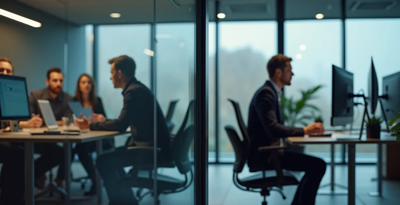 Gegenüberstellung eines Managers in Meetings und eines Experten in konzentrierter Einzelarbeit