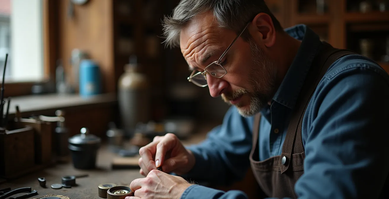 Ein Uhrmachermeister bei der filigranen Arbeit an einem Uhrwerk, was die hohe Spezialisierung im Schweizer Jura symbolisiert.
