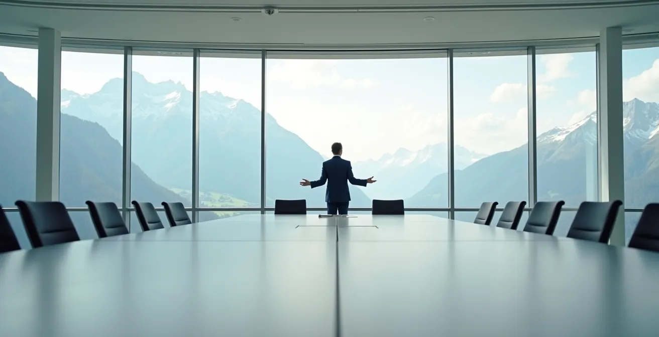 Geschäftsperson moderiert Gruppendiskussion mit inklusiven Gesten in Schweizer Meetingraum