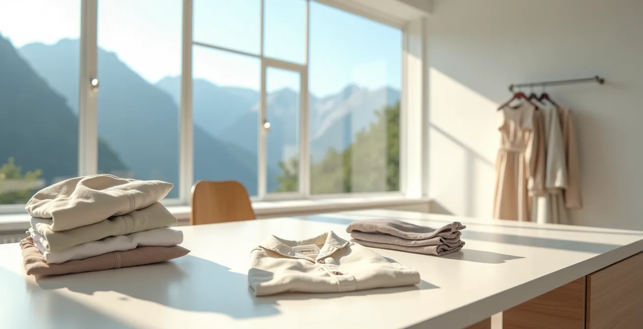 Luftige Businesskleidung wie ein Leinenblazer und ein Baumwollhemd in einem hellen, modernen Schweizer Büro im Sommer.