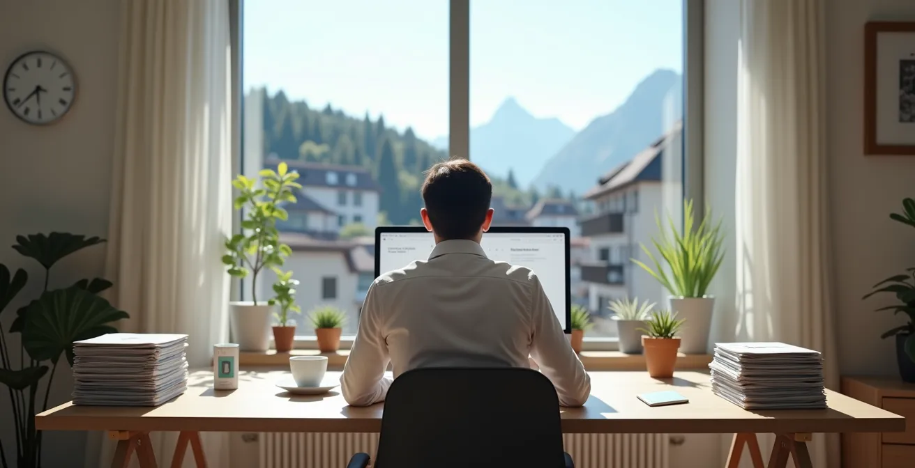 Weitwinkelaufnahme eines aufgeräumten Home-Office-Arbeitsplatzes mit Aussicht
