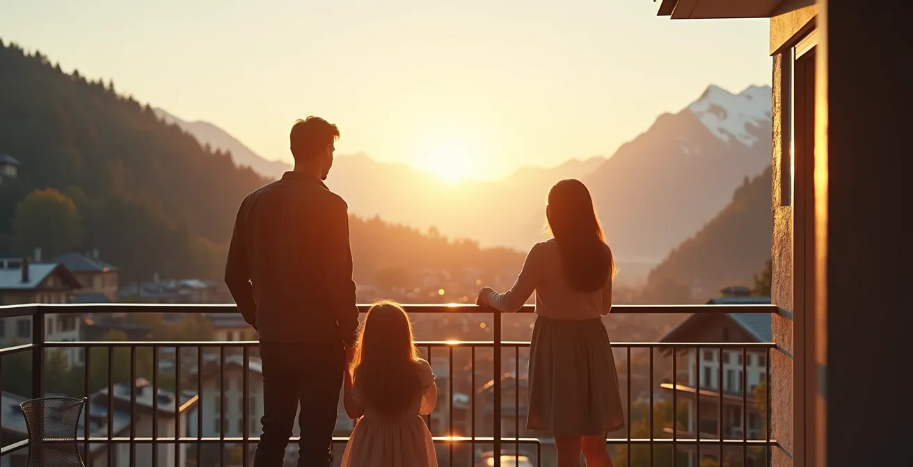 Familie betrachtet Schweizer Bergpanorama von modernem Apartment-Balkon