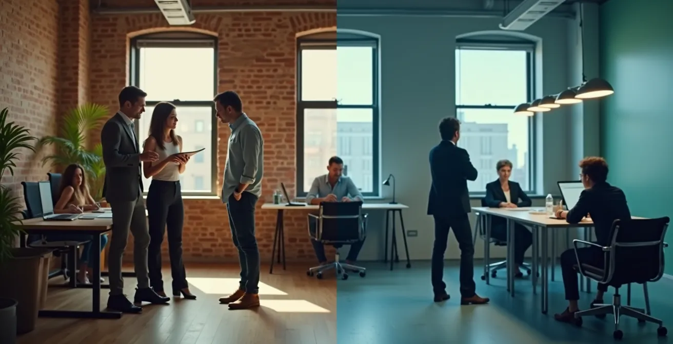 Visueller Kontrast zwischen Startup-Atmosphäre und Konzernumgebung