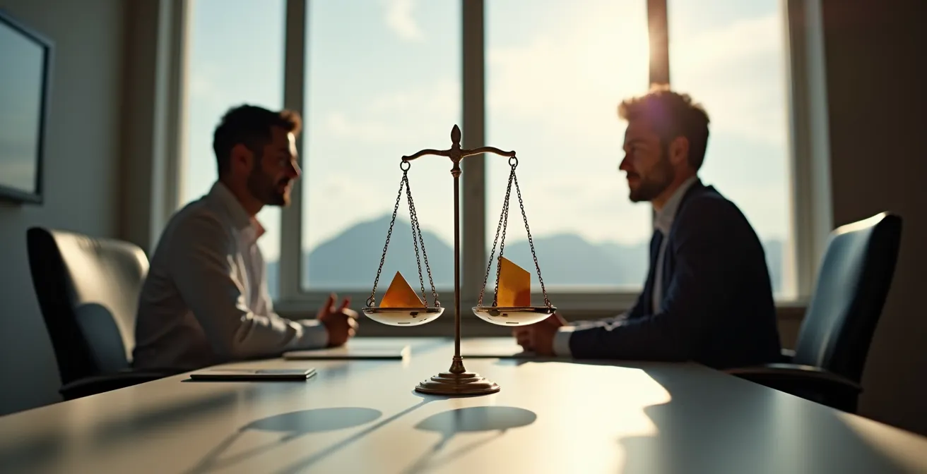 Vater im Gespräch mit Vorgesetzten über flexible Arbeitsmodelle