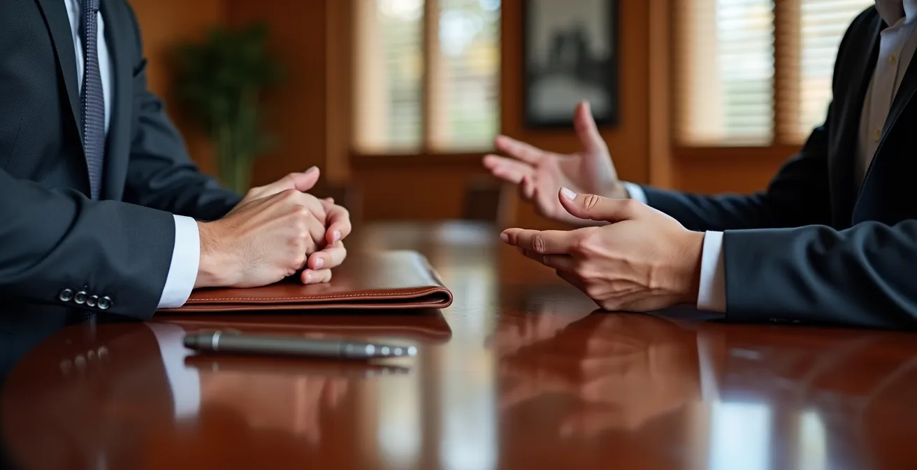 Zwei Geschäftsleute in einem eleganten Zürcher Bankbesprechungsraum führen ein vertrauliches Gespräch