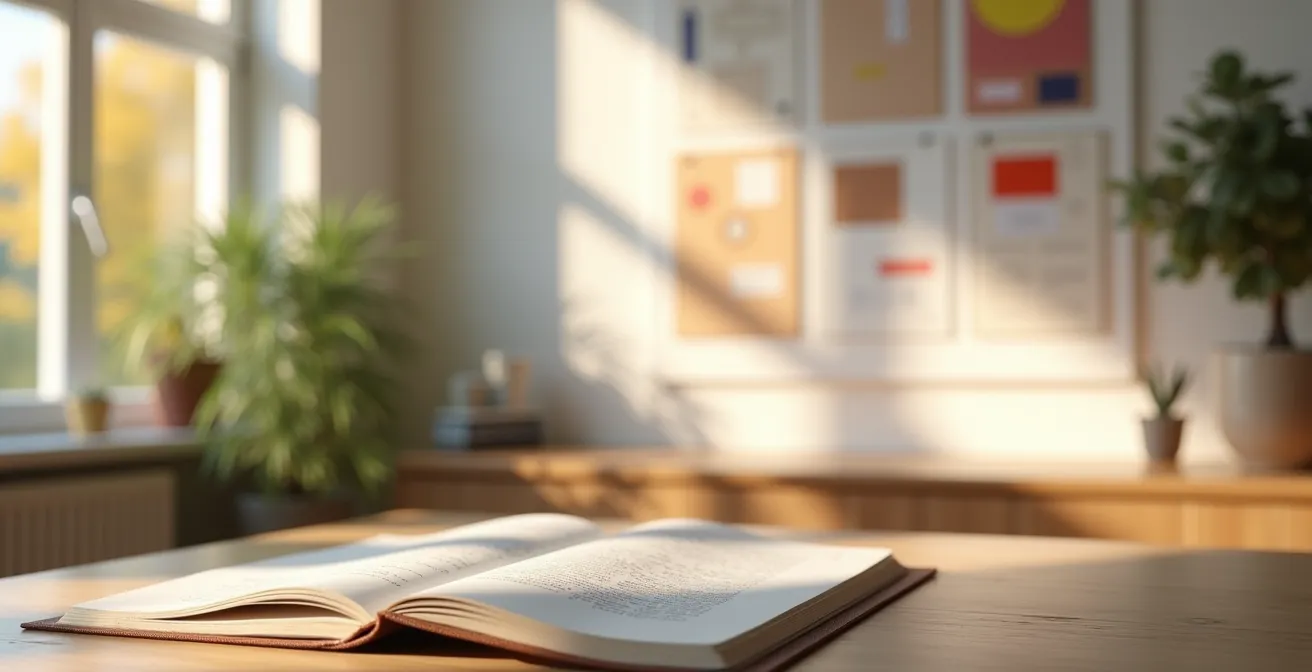 Ein aufgeräumter Arbeitsplatz mit einem Vision Board an der Wand und einem aufgeschlagenen Journal, das zur Selbstreflexion einlädt.