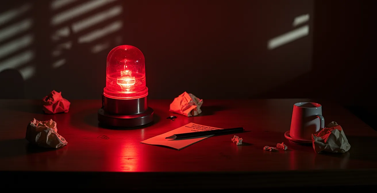 Symbolische Darstellung mit rotem Warnlicht auf Schreibtisch