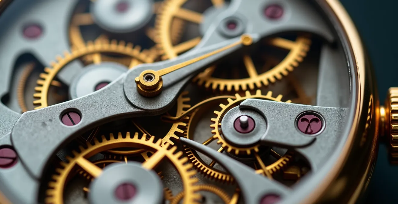 Makroaufnahme von Schweizer Uhrmechanik als Metapher für präzises Zeitmanagement in der Weiterbildung